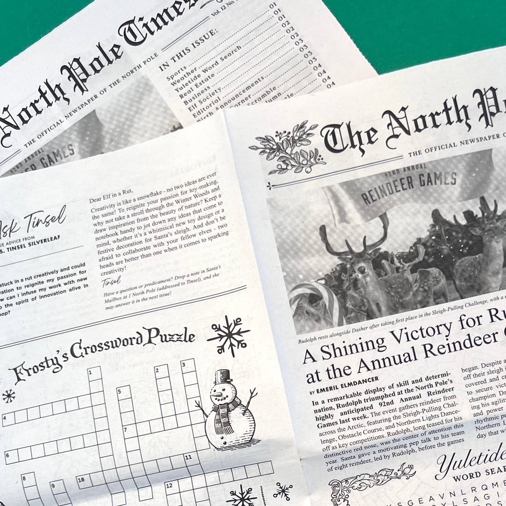 North Pole Times Newspaper Holiday Gift Wrap + Activity Sheets