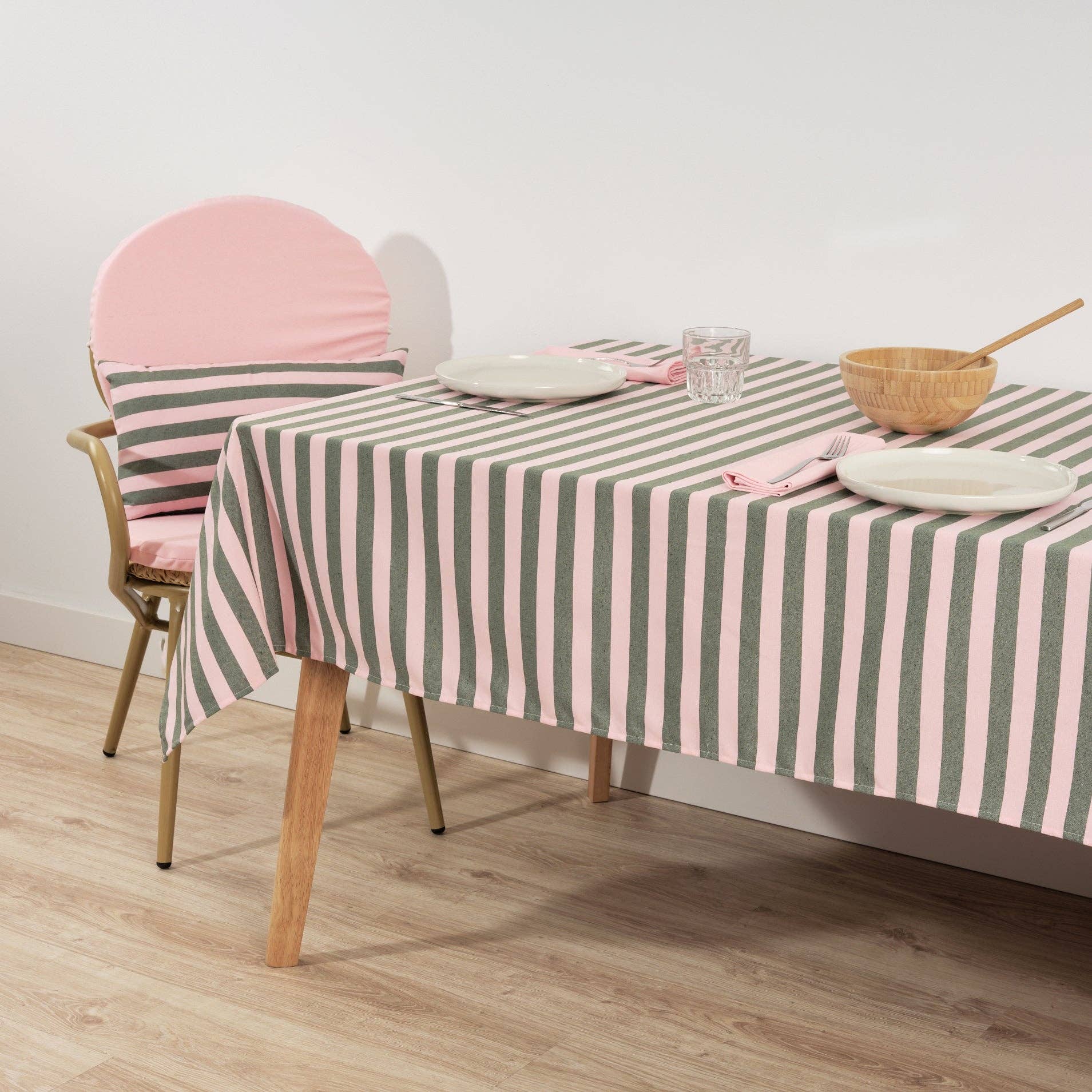 Light Pink / Sage Green Striped Tablecloth 98"