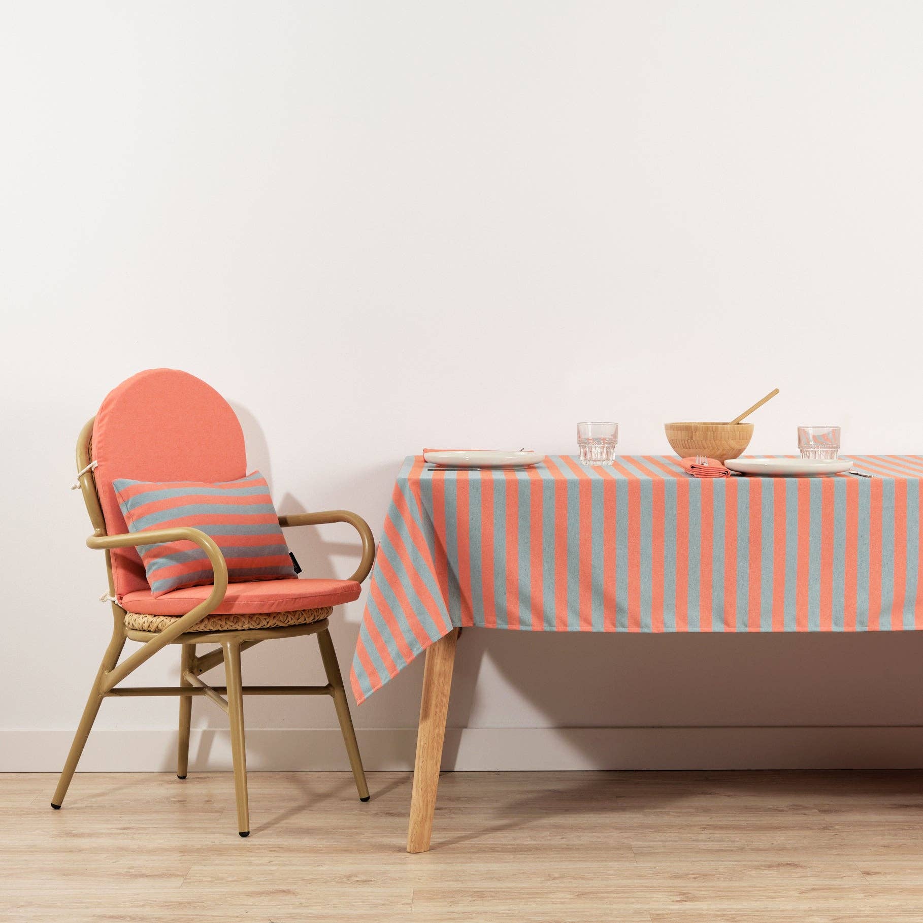 Coral / Slate Green Striped Tablecloth 98"