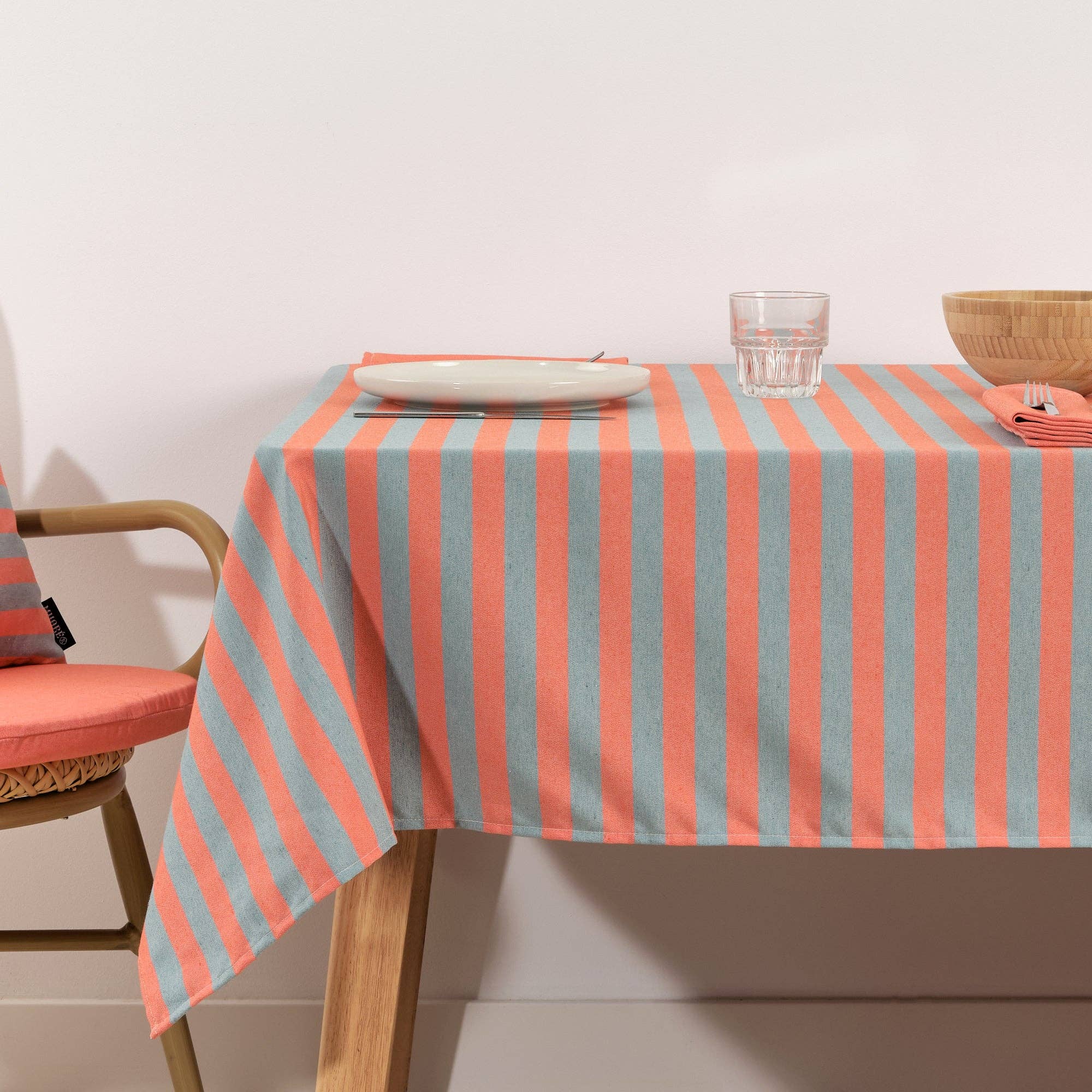 Coral / Slate Green Striped Tablecloth 98"