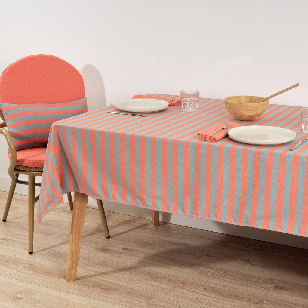 Coral / Slate Green Striped Tablecloth 98"