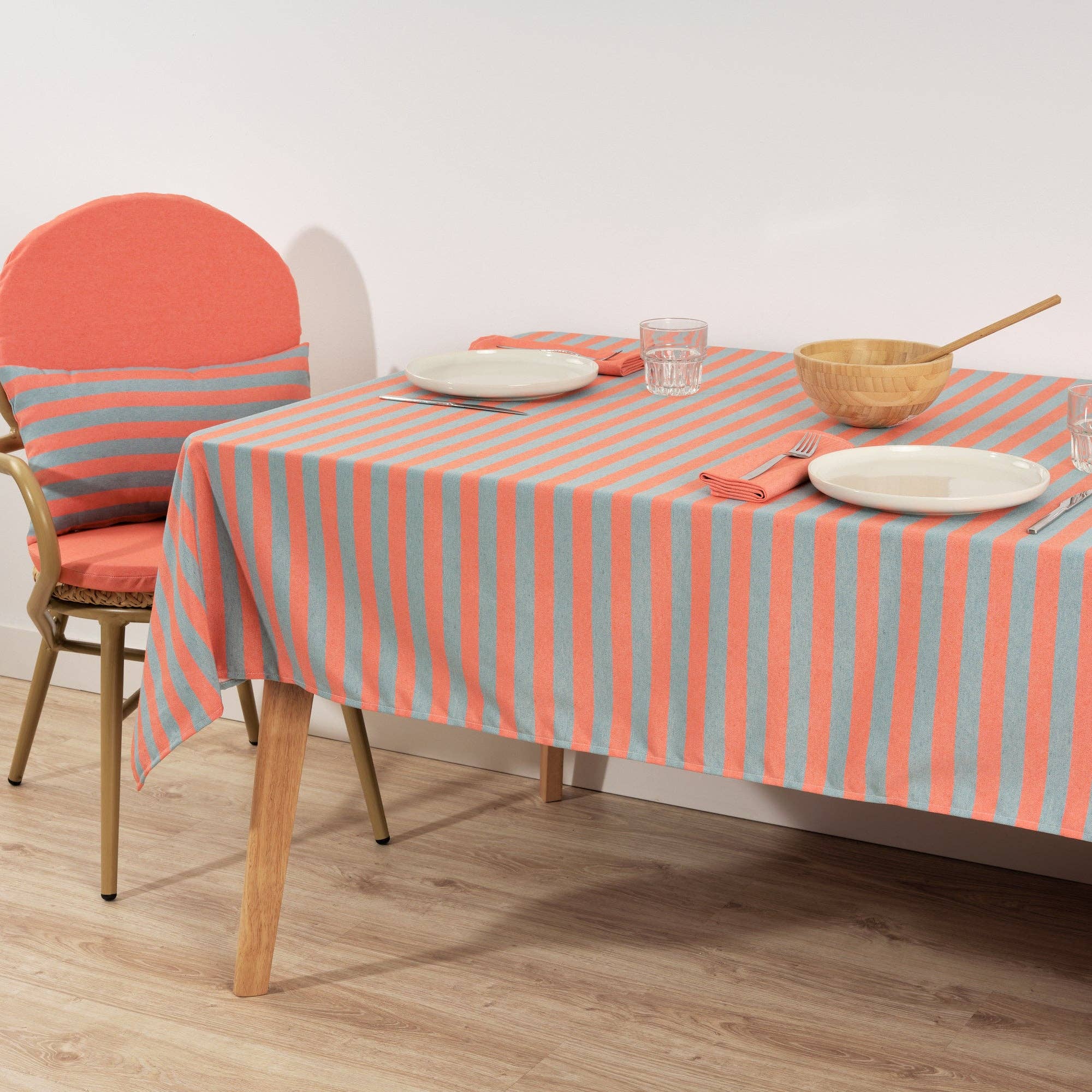 Coral / Slate Green Striped Tablecloth 118"