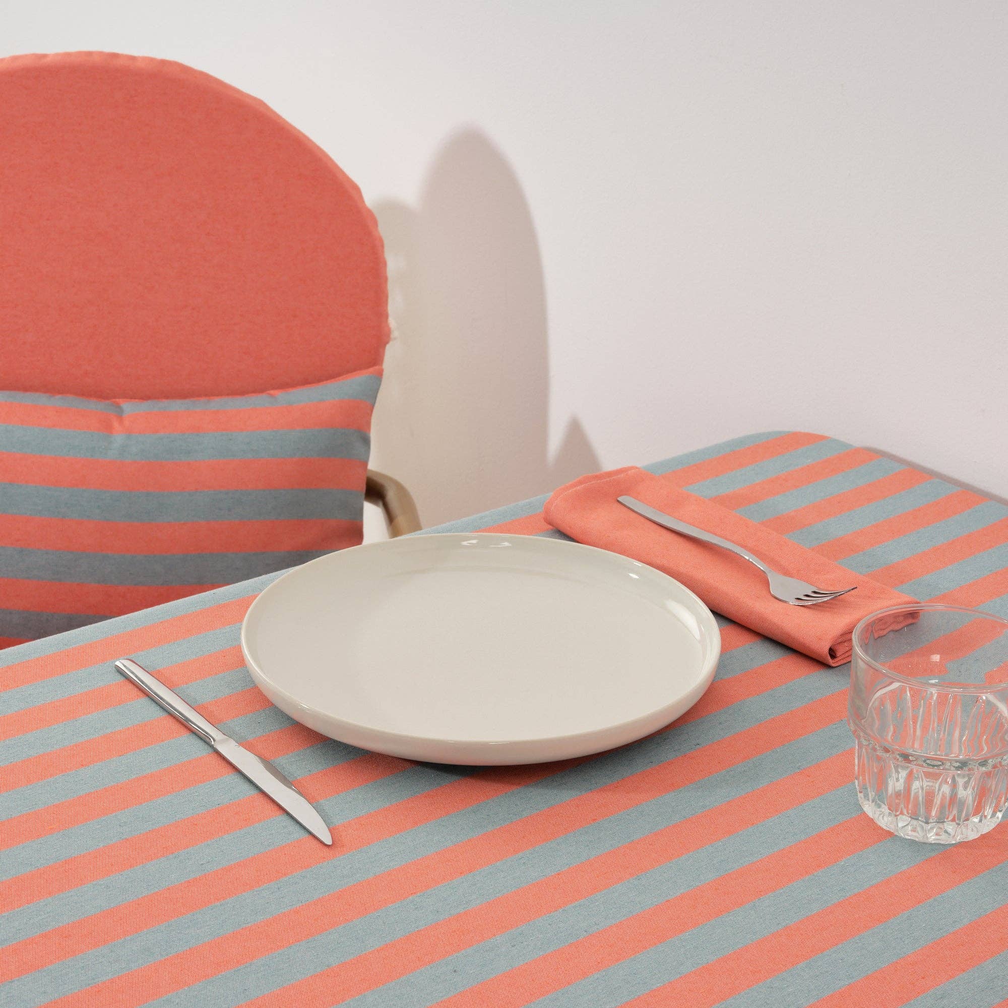 Coral / Slate Green Striped Tablecloth 98"