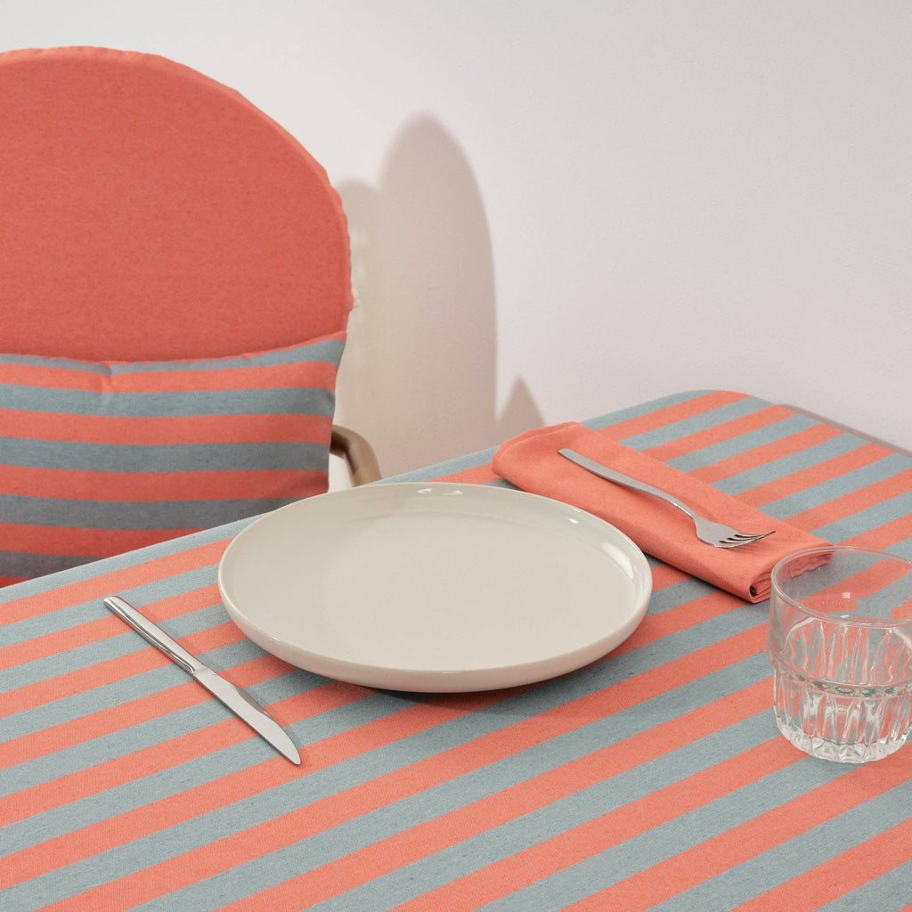 Coral / Slate Green Striped Tablecloth 98"