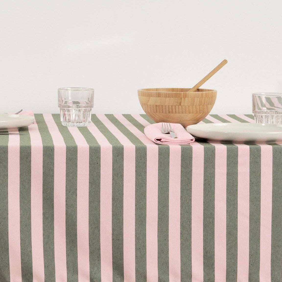 Light Pink / Sage Green Striped Tablecloth 118"