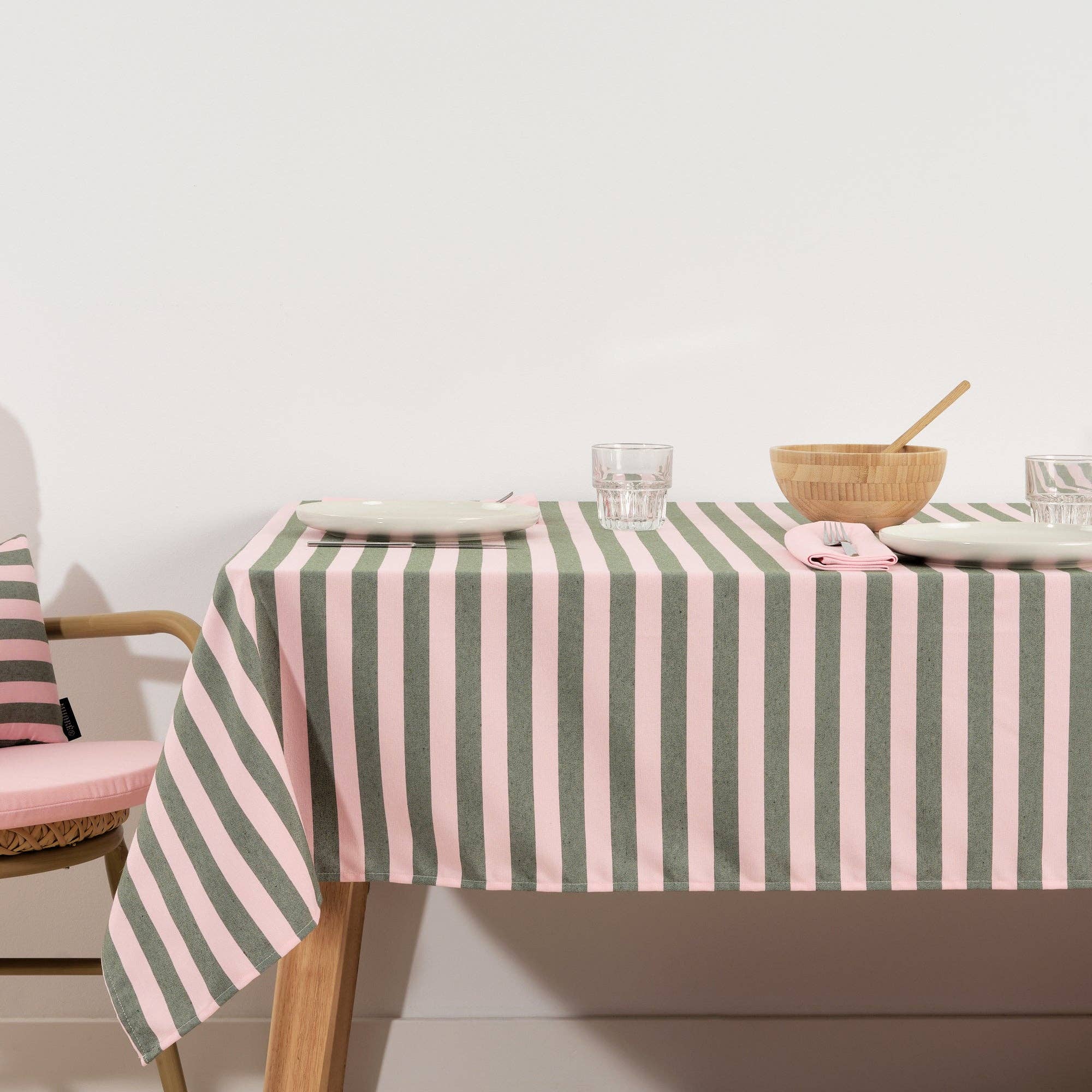 Light Pink / Sage Green Striped Tablecloth 118"