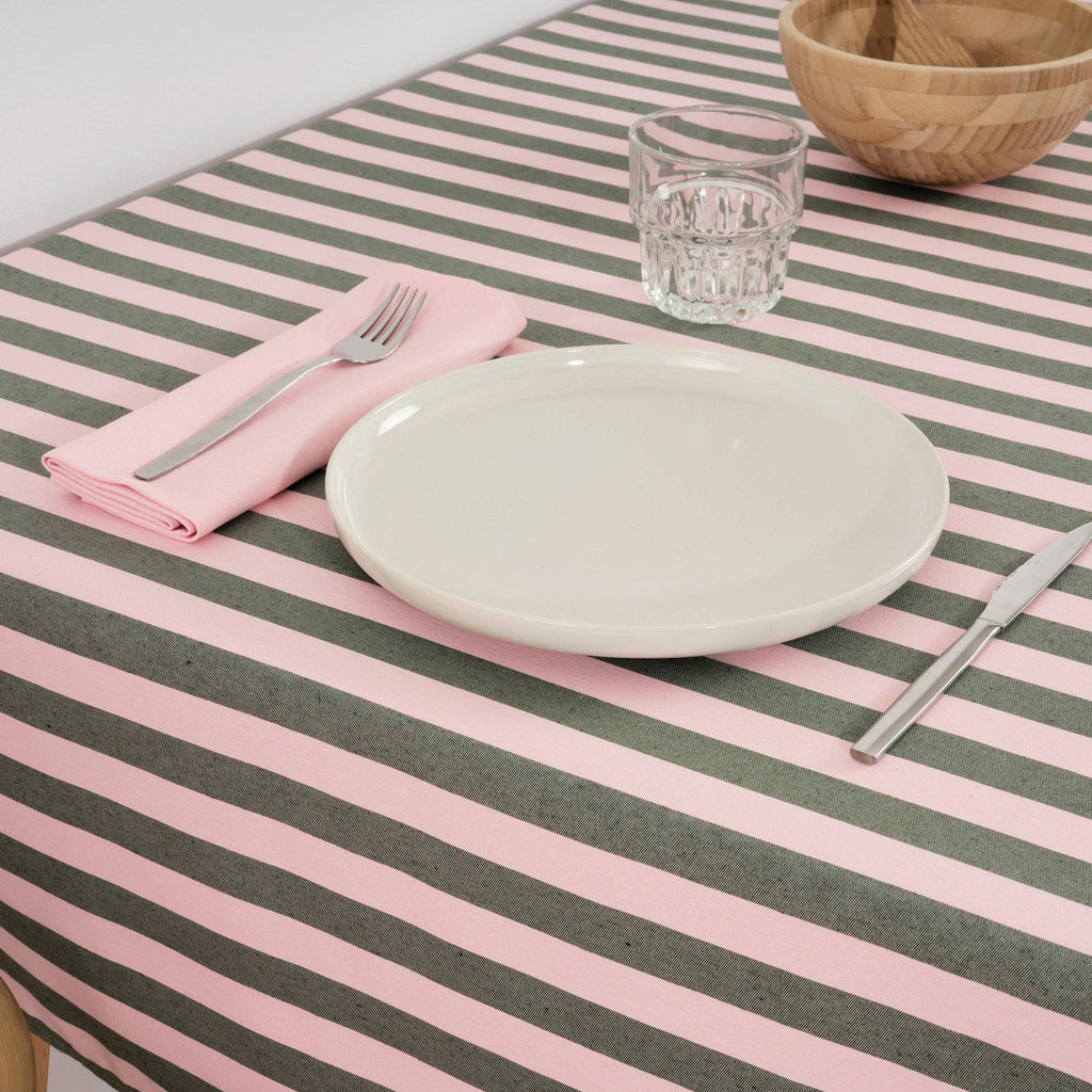 Light Pink / Sage Green Striped Tablecloth 98"