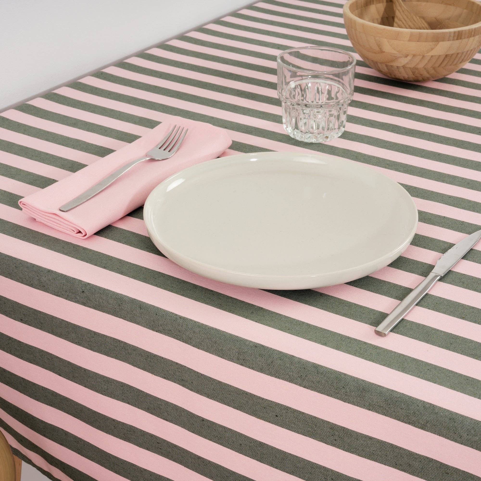 Light Pink / Sage Green Striped Tablecloth 118"