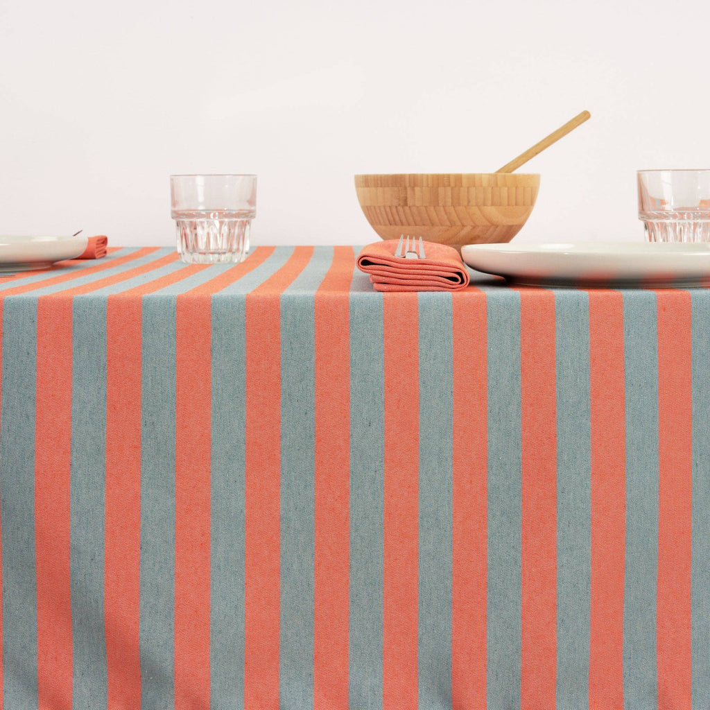 Coral / Slate Green Striped Tablecloth 98"