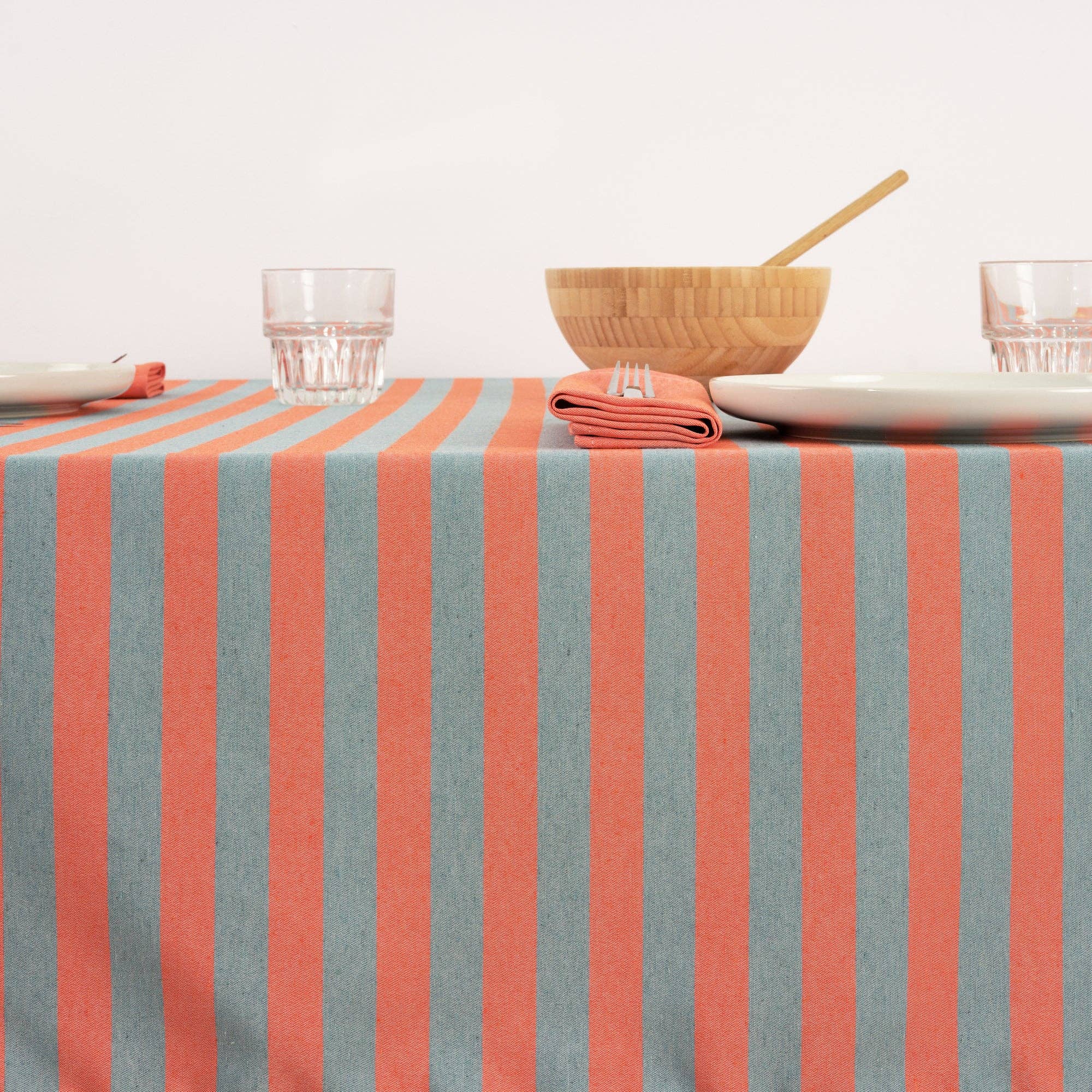 Coral / Slate Green Striped Tablecloth 118"