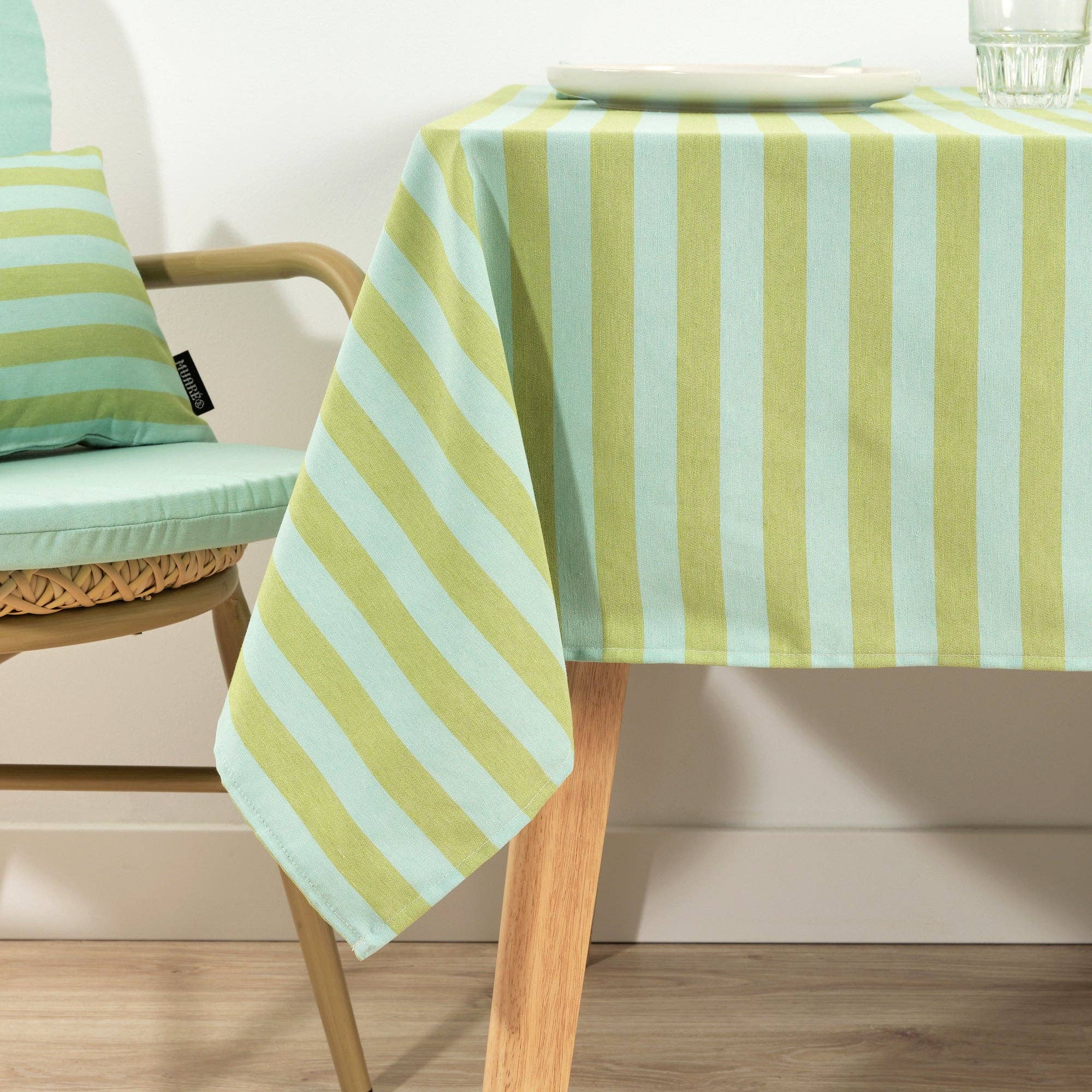 Spring Green / Aqua Striped  Tablecloth 118"