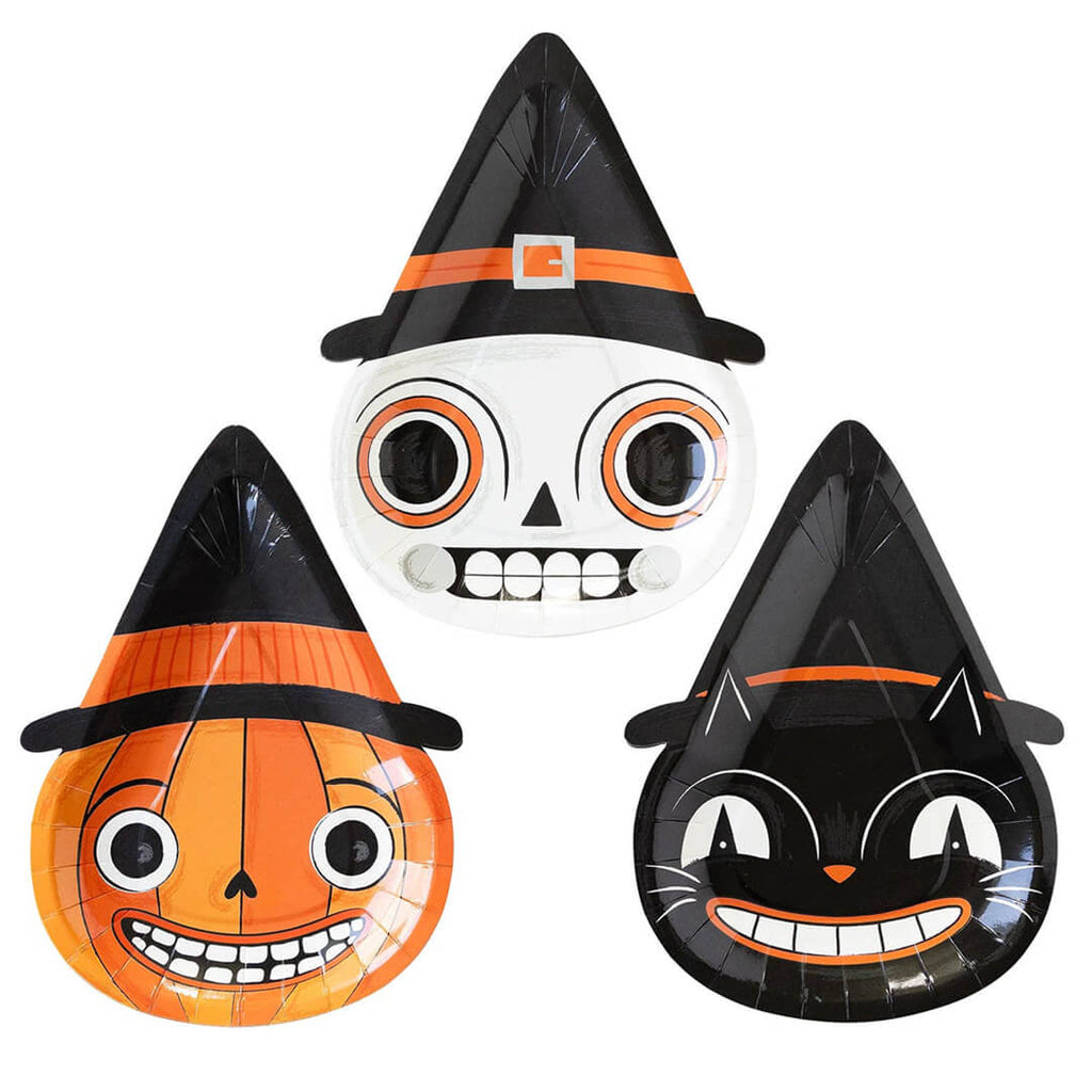 halloween-characters-paper-party-plates-vintage-inspired-skeleton-pumpkin-black-cat-jack-o-lantern