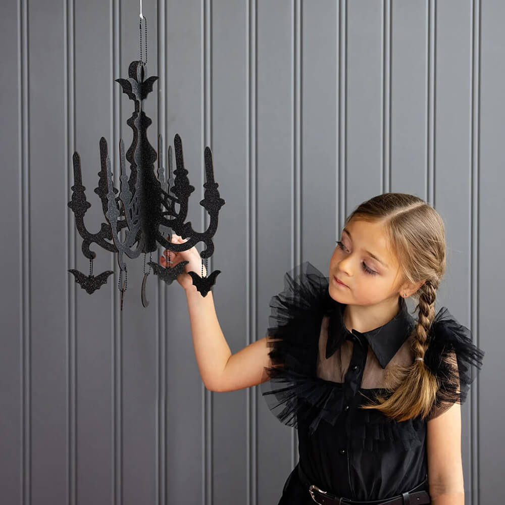 mystical-black-glittered-hanging-chandelier-halloween-wednesday-addams-party-styled