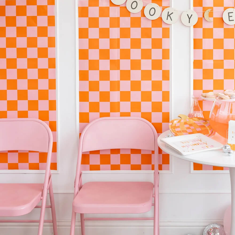 pink-orange-checkered-table-runner-halloween-decor-photo-backdrop